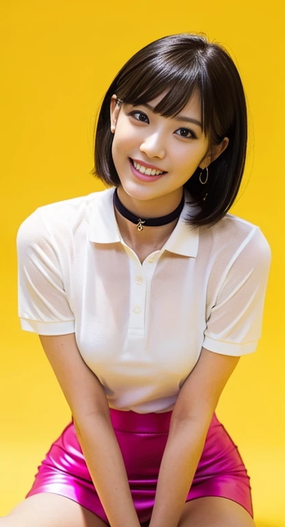 (A Gorgeous American-Chinese Lady, age 25, Tight Thin White Polo-Shirt & Pink Pencil Skirt, BlackPink Choker, natural pose, dimpled smile, short_bob_hair_side_bangs, cute snaggletooth, well-endowed round bosom, photorealistic, Hello_Kitty_Cuteness, beautiful detailed eyes, hyper-realism, high contrast, ultra HD, realistic skin textures, top image quality, top-quality, super high resolution, fine details, very meticulously, head_to_knees, High_Angle_Shot, simple yellow background)