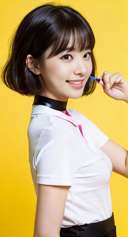 (A Gorgeous American-Chinese Lady, age 28, Tight Thin White Polo-Shirt & Pink Pencil Skirt, BlackPink Choker, random pose, dimpled smile, short_bob_hair_side_bangs, cute snaggletooth, well-endowed round bosom, photorealistic, beautiful detailed eyes, hyper-realism, high contrast, ultra HD, realistic skin textures, top image quality, top-quality, super high resolution, fine details, very meticulously, head_to_knees, High_Angle_Shot, simple yellow background)