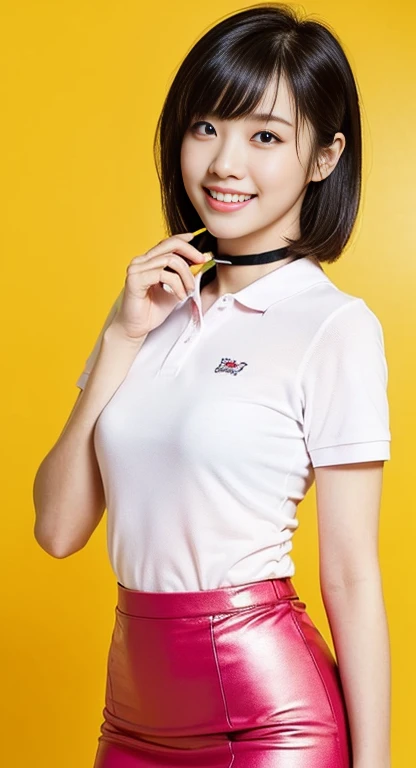 (A Gorgeous American-Chinese Lady, age 28, Tight Thin White Polo-Shirt & Pink Pencil Skirt, BlackPink Choker, random pose, dimpled smile, short_bob_hair_side_bangs, cute snaggletooth, well-endowed round bosom, photorealistic, beautiful detailed eyes, hyper-realism, high contrast, ultra HD, realistic skin textures, top image quality, top-quality, super high resolution, fine details, very meticulously, head_to_knees, High_Angle_Shot, simple yellow background)
