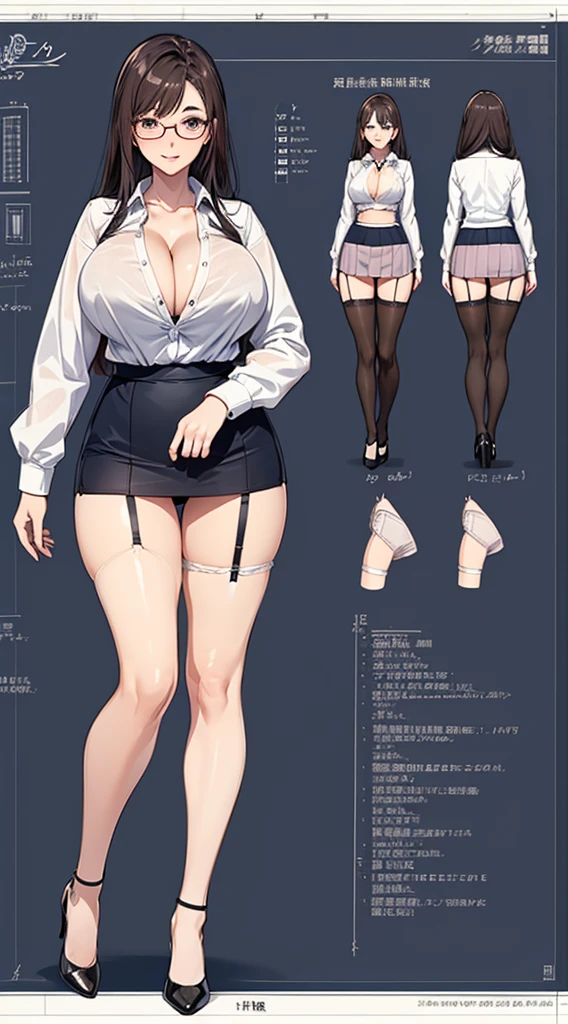 girl, alone, whole body, From head to toe, Are standing, (Huge Saggy Tits:1.3),
Character design sheet, Character Reference Sheet, 設計図のSchematic, Drafting, Blueprint, Schematic,
((Character design sheet:1.7, Character Reference Sheet:1.7,)),
anime/cartoon character wearing a girls , 1girl, alone, ,Mature Woman,Cleavage,Long sleeve,Collared shirt,White shirt,,(Tight Skirt),((garter belt)),(High heels),Skirt Suit,mini skirt,office lady,Long Hair, bow, , (Very short skirt:1.4), (lingerie:1.5),secretary,Thin glasses, (In underwear:1.8),nsfw,Full nudity、