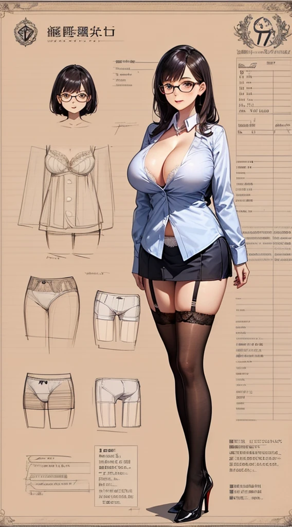 girl, alone, whole body, From head to toe, Are standing, (Huge Saggy Tits:1.3),
Character design sheet, Character Reference Sheet, 設計図のSchematic, Drafting, Blueprint, Schematic,
((Character design sheet:1.7, Character Reference Sheet:1.7,)),
anime/cartoon character wearing a girls , 1girl, alone, ,Mature Woman,Cleavage,Long sleeve,Collared shirt,White shirt,,(Tight Skirt),((garter belt)),(High heels),Skirt Suit,mini skirt,office lady,Long Hair, bow, , (Very short skirt:1.4), (lingerie:1.5),secretary,Thin glasses, (In underwear:1.8),nsfw,Full nudity、