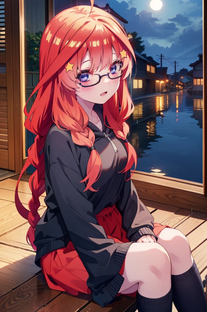 itsukinakano, itsuki nakano, bangs, blue eyes, Hair between the eyes, Ahoge, Redhead, star \(symbol\), hair ornaments, star hair ornaments,smile,blush,Open your mouth,Long braids,Red-rimmed glasses,Oversized red hoodie and long skirt,Black pantyhose,short boots,Hiding in a roofed building,Sitting on the steps of a roofed building,rain,night,whole bodyがイラストに入るように,
break outdoors, Alley,
break looking at viewer, whole body,
break (masterpiece:1.2), Highest quality, High resolution, unity 8k wallpaper, (figure:0.8), (Beautiful attention to detail:1.6), Highly detailed face, Perfect lighting, Highly detailed CG, (Perfect hands, Perfect Anatomy),