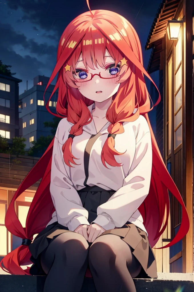 itsukinakano, itsuki nakano, bangs, blue eyes, Hair between the eyes, Ahoge, Redhead, star \(symbol\), hair ornaments, star hair ornaments,smile,blush,Open your mouth,Long braids,Red-rimmed glasses,Oversized red hoodie and long skirt,Black pantyhose,short boots,Hiding in a roofed building,Sitting on the steps of a roofed building,rain,night,whole bodyがイラストに入るように,
break outdoors, Alley,
break looking at viewer, whole body,
break (masterpiece:1.2), Highest quality, High resolution, unity 8k wallpaper, (figure:0.8), (Beautiful attention to detail:1.6), Highly detailed face, Perfect lighting, Highly detailed CG, (Perfect hands, Perfect Anatomy),