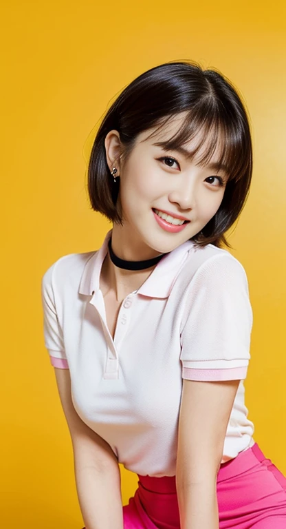 (A Gorgeous American-Chinese Lady, age 28, Tight Thin White Polo-Shirt & Pink Pencil Skirt, BlackPink Choker, random pose, dimpled smile, short_bob_hair_side_bangs, cute snaggletooth, well-endowed round bosom, photorealistic, beautiful detailed eyes, hyper-realism, high contrast, ultra HD, realistic skin textures, top image quality, top-quality, super high resolution, fine details, very meticulously, head_to_knees, High_Angle_Shot, simple yellow background)