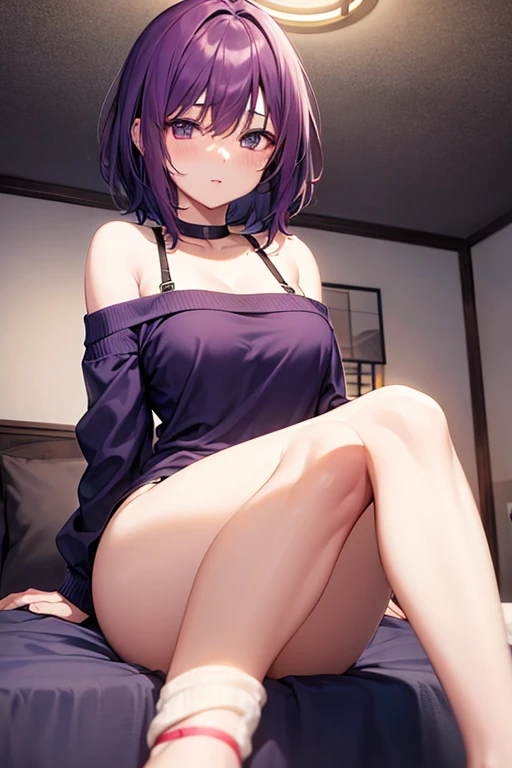 young woman, short shoulder length purple hair, revealing lens, bed, open legs