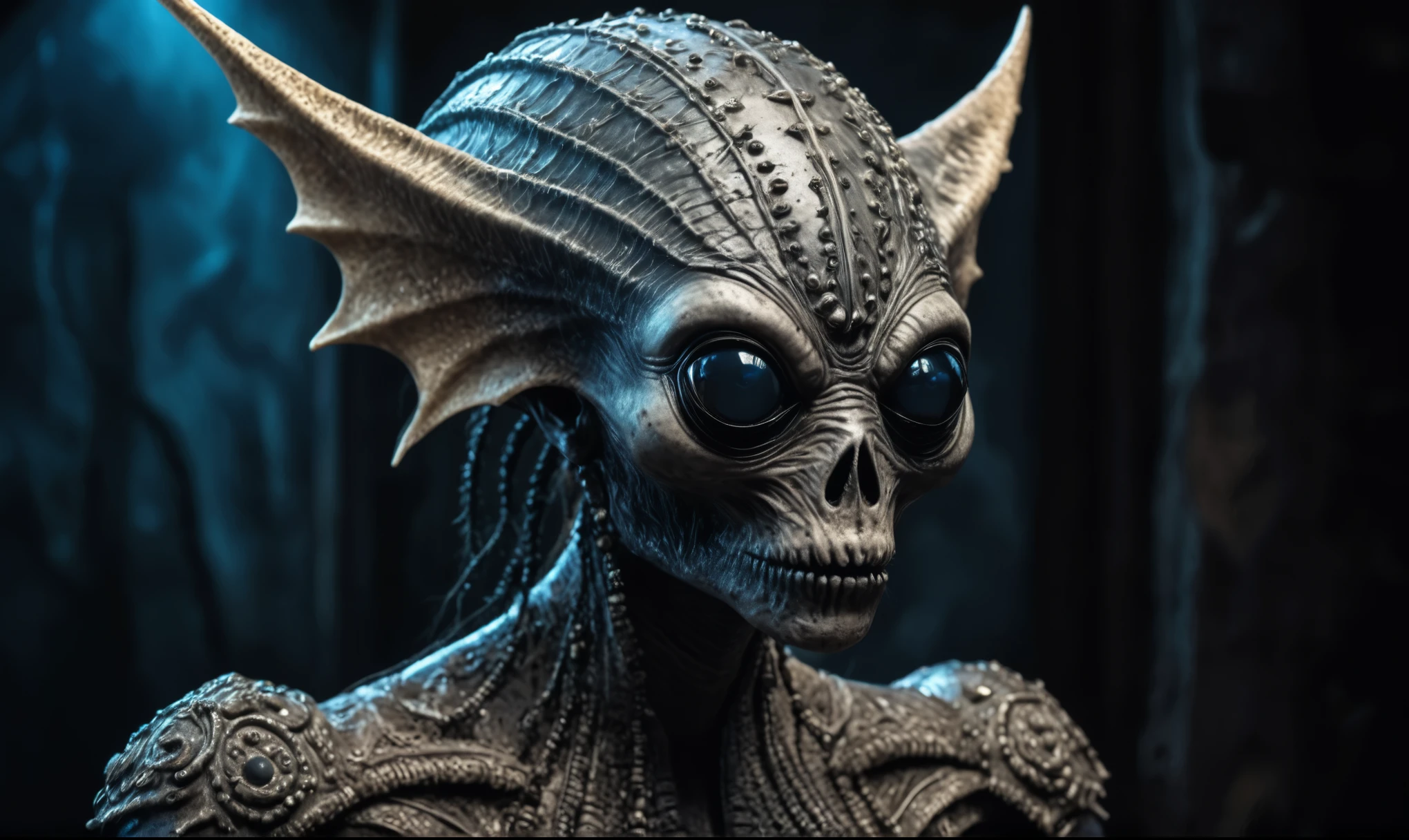 full body length shot,nerd graphite  Alien Entity,native africa slave ,azctec psychiatric clinic,Cinematic,soft colors, Technicolor,natural skin textures, hyper realism, hyper detailed,Extremely detailed,High contrast,Masterpiece,Realistic,Ultra Detailed, intricate details,realistic humid leather,extremely intricate details,Epic Realistic, cinematic style, irina yermolova,high contrast,hdr,extremely detailed, [deep night landscape],masterpiece, intricate details, eyes extremely detailed, high detailed eyes,8k resolution,retina, Nikon Z9,orc,Egyptian, Pisces, transition between two art styles, Double contact, X-ray, Creative, vivid light, fantasy, Abstract, Surrealism, super detailed, high resolution,insanity national folk wear,skin  almost translucent, gothic elements, further emphasizing its dark air,Mestichino,Light particles,chaos,starfish's leather,Cambodia,"(The best lighting, dark, dramatic),(alien Mulan's half-skull fetus, Hellraiser, Scars, , sexy brain, , a rat inside the head, terror.),(ominous and strange eyes, calaveras). morning light, indoor psychiatric clinic

