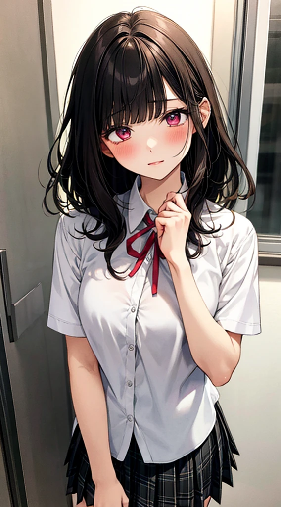 (masterpiece, best quality),
1girl, standing, undressing, hands on chest, cowboy shot,,
BREAK girl, 18yo, (medium breasts:1.1), black hair, (medium hair:1.2), (curly hair:0.9), blunt bangs,
pink eyes, ultra detailed eyes,(tareme:1.1),
half-closed eyes, blush
BREAK (school uniform), (white collared shirt, plain pattern shirt, short sleeves, white sleeves, shirt tucked in:1.2), (red plain pattern neck ribbon, narrow neck ribbon:1.1), (open clothes:1.2),pink bra
BREAK (black and grey plaid pattern skirt:1), (pleated skirt, miniskirt:1.2),
BREAK office,