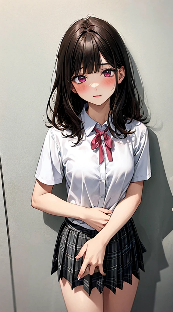 (masterpiece, best quality),
1girl, standing, undressing, hands on chest, cowboy shot,,
BREAK girl, 18yo, (medium breasts:1.1), black hair, (medium hair:1.2), (curly hair:0.9), blunt bangs,
pink eyes, ultra detailed eyes,(tareme:1.1),
half-closed eyes, blush
BREAK (school uniform), (white collared shirt, plain pattern shirt, short sleeves, white sleeves, shirt tucked in:1.2), (red plain pattern neck ribbon, narrow neck ribbon:1.1), (open clothes:1.2),pink bra
BREAK (black and grey plaid pattern skirt:1), (pleated skirt, miniskirt:1.2),
BREAK office,