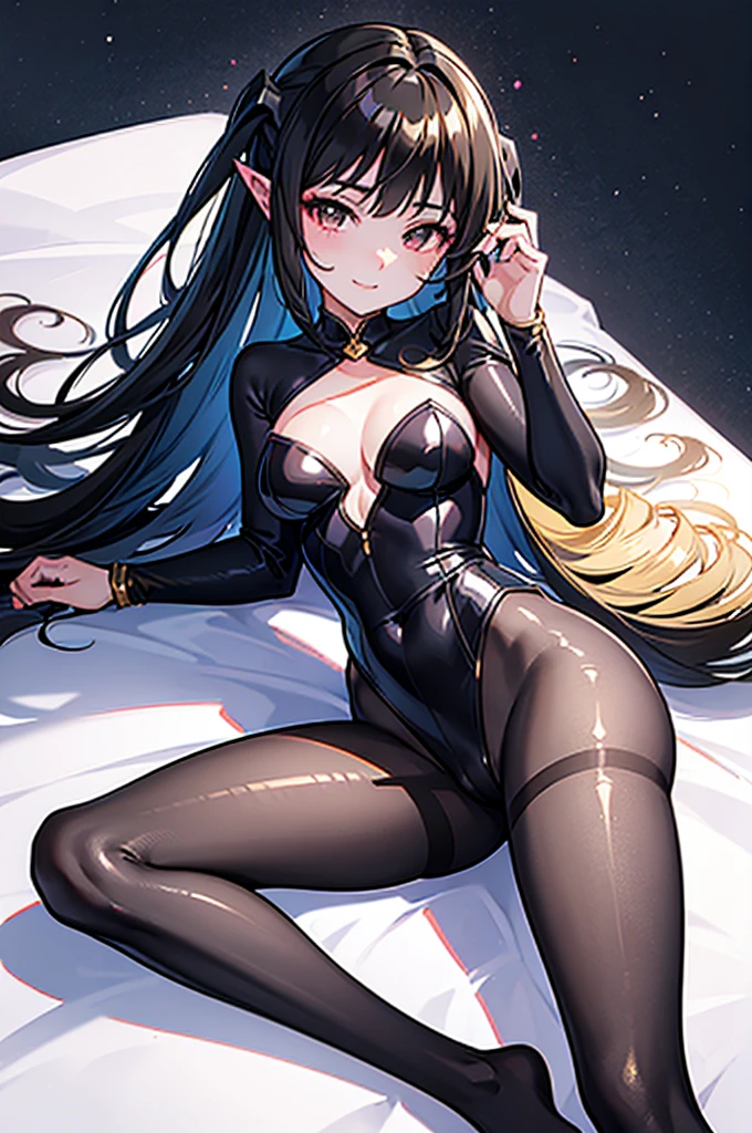 Highest quality　Highest quality　Draw a face carefully　High-definition anime-style face　Super Glowing Skin　Long black hair　Brown leotard　Golden pantyhose　Succubus　lure　smile　Prone　Lying down　Show the soles of your feet　Close up of the soles of the feet