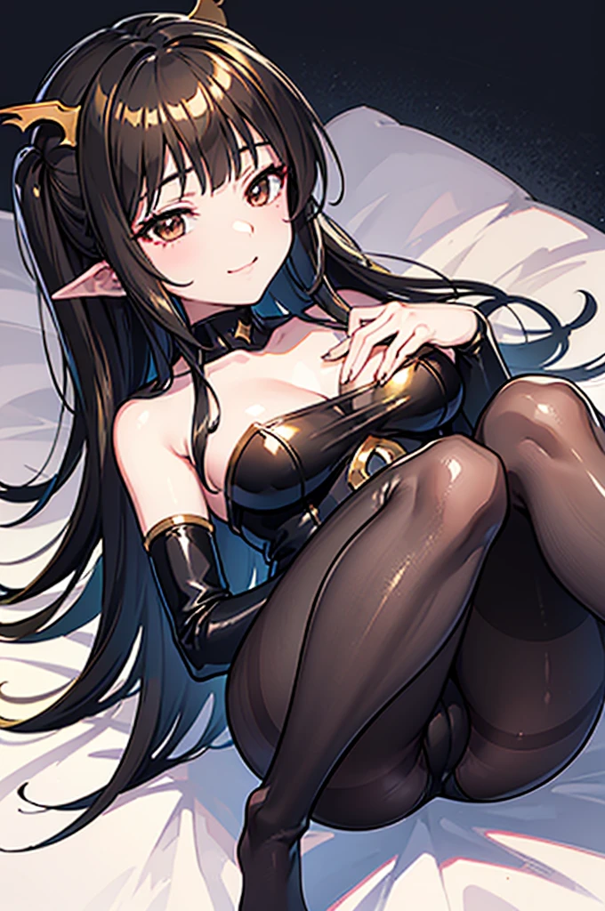 Highest quality Highest quality Draw a face carefully High-definition anime-style face Super Glowing Skin Long black hair Brown leotard Golden pantyhose Succubus lure smile Prone Lying down Show the soles of your feet Close up of the soles of the feet