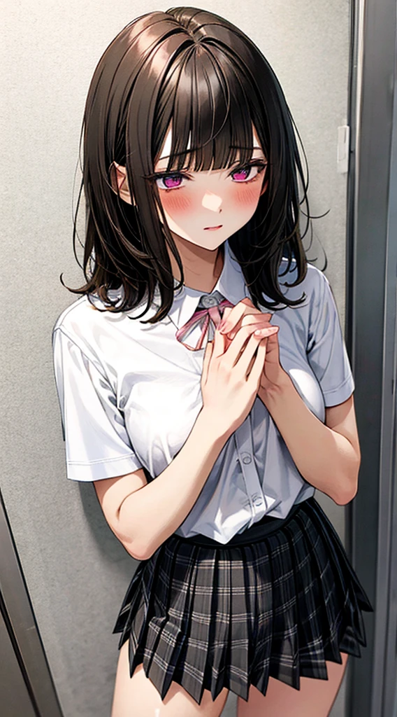 (masterpiece, best quality),
1girl, standing, undressing, hands on chest, cowboy shot,,
BREAK girl, 18yo, (medium breasts:1.1), black hair, (medium hair:1.2), (curly hair:0.9), blunt bangs,
pink eyes, ultra detailed eyes,(tareme:1.1),
half-closed eyes, blush
BREAK (school uniform), (white collared shirt, plain pattern shirt, short sleeves, white sleeves, shirt tucked in:1.2), (red plain pattern neck ribbon, narrow neck ribbon:1.1), (open clothes:1.2),pink bra
BREAK (black and grey plaid pattern skirt:1), (pleated skirt, miniskirt:1.2),
BREAK office,