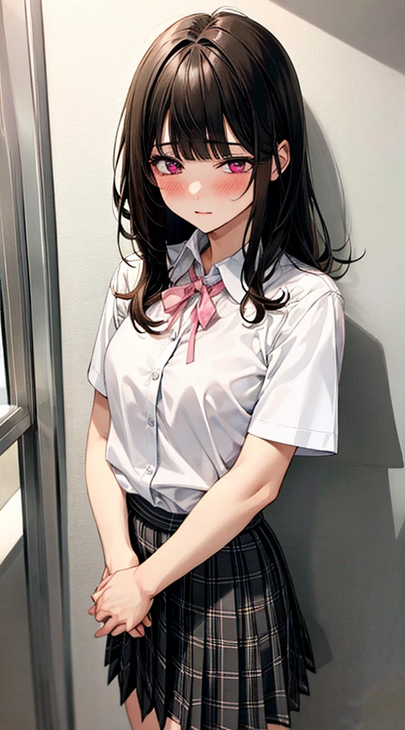 (masterpiece, best quality),
1girl, standing, undressing, hands on chest, cowboy shot,,

BREAK girl, 18yo, (medium breasts:1.1), black hair, (medium hair:1.2), (curly hair:0.9), blunt bangs,
pink eyes, ultra detailed eyes,(tareme:1.1),
half-closed eyes, blush


BREAK (school uniform), (white collared shirt, plain pattern shirt, short sleeves, white sleeves, shirt tucked in:1.2), (red plain pattern neck ribbon, narrow neck ribbon:1.1), (open clothes:1.2),pink bra
BREAK (black and grey plaid pattern skirt:1), (pleated skirt, miniskirt:1.2),

BREAK office,
