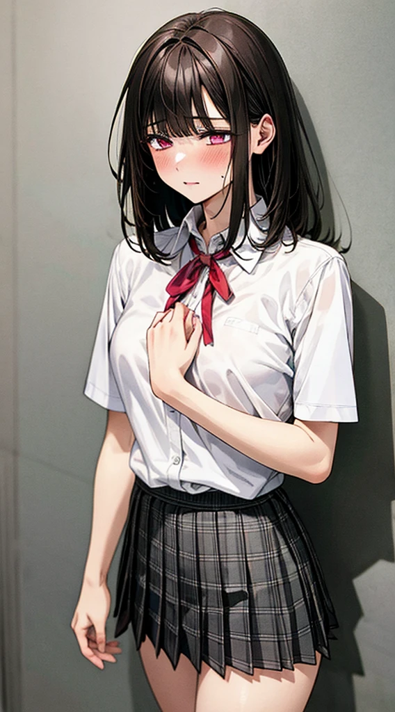 (masterpiece, best quality),
1girl, standing, undressing, hands on chest, cowboy shot,,
BREAK girl, 18yo, (medium breasts:1.1), black hair, (medium hair:1.2), (curly hair:0.9), blunt bangs,
pink eyes, ultra detailed eyes,(tareme:1.1),
half-closed eyes, blush
BREAK (school uniform), (white collared shirt, plain pattern shirt, short sleeves, white sleeves, shirt tucked in:1.2), (red plain pattern neck ribbon, narrow neck ribbon:1.1), (open clothes:1.2),pink bra
BREAK (black and grey plaid pattern skirt:1), (pleated skirt, miniskirt:1.2),
BREAK office,
