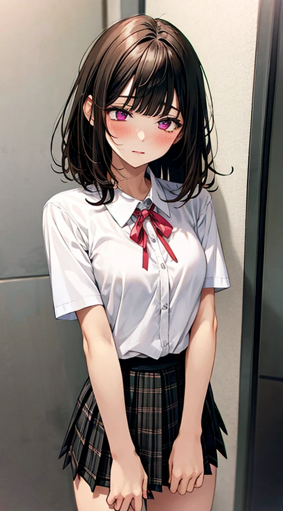 (masterpiece, best quality),
1girl, standing, undressing, hands on chest, cowboy shot,,

BREAK girl, 18yo, (medium breasts:1.1), black hair, (medium hair:1.2), (curly hair:0.9), blunt bangs,
pink eyes, ultra detailed eyes,(tareme:1.1),
half-closed eyes, blush


BREAK (school uniform), (white collared shirt, plain pattern shirt, short sleeves, white sleeves, shirt tucked in:1.2), (red plain pattern neck ribbon, narrow neck ribbon:1.1), (open clothes:1.2),pink bra
BREAK (black and grey plaid pattern skirt:1), (pleated skirt, miniskirt:1.2),

BREAK office,