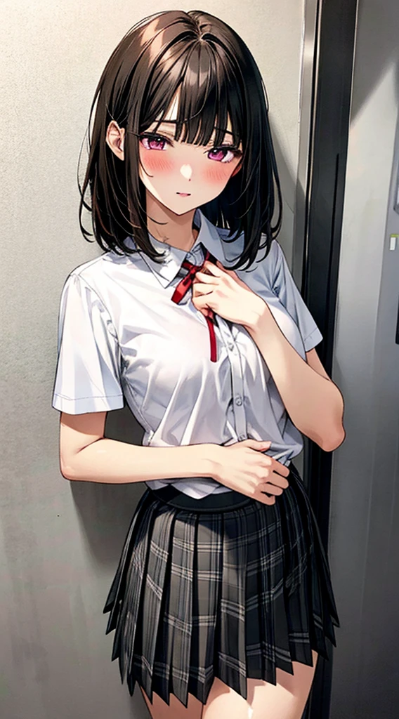 (masterpiece, best quality),
1girl, standing, undressing, hands on chest, cowboy shot,,
BREAK girl, 18yo, (medium breasts:1.1), black hair, (medium hair:1.2), (curly hair:0.9), blunt bangs,
pink eyes, ultra detailed eyes,(tareme:1.1),
half-closed eyes, blush
BREAK (school uniform), (white collared shirt, plain pattern shirt, short sleeves, white sleeves, shirt tucked in:1.2), (red plain pattern neck ribbon, narrow neck ribbon:1.1), (open clothes:1.2),pink bra
BREAK (black and grey plaid pattern skirt:1), (pleated skirt, miniskirt:1.2),
BREAK office,