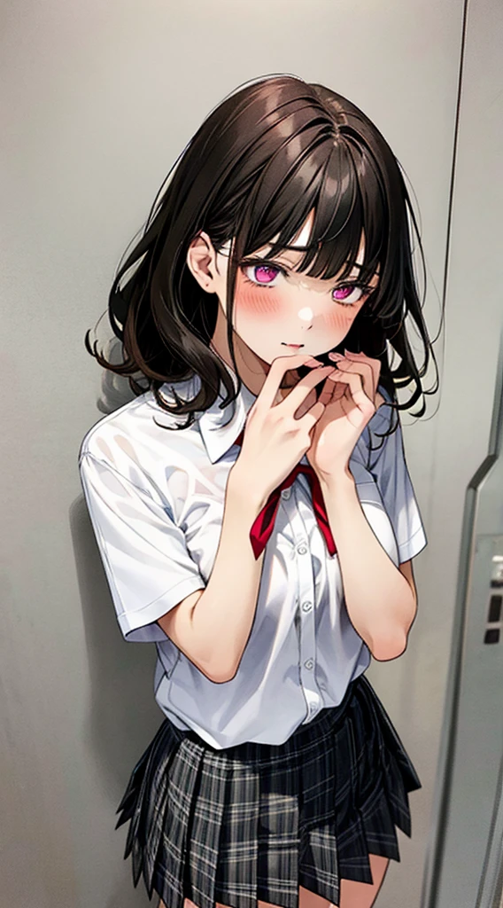 (masterpiece, best quality),
1girl, standing, undressing, hands on chest, cowboy shot,,
BREAK girl, 18yo, (medium breasts:1.1), black hair, (medium hair:1.2), (curly hair:0.9), blunt bangs,
pink eyes, ultra detailed eyes,(tareme:1.1),
half-closed eyes, blush
BREAK (school uniform), (white collared shirt, plain pattern shirt, short sleeves, white sleeves, shirt tucked in:1.2), (red plain pattern neck ribbon, narrow neck ribbon:1.1), (open clothes:1.2),pink bra
BREAK (black and grey plaid pattern skirt:1), (pleated skirt, miniskirt:1.2),
BREAK office,
