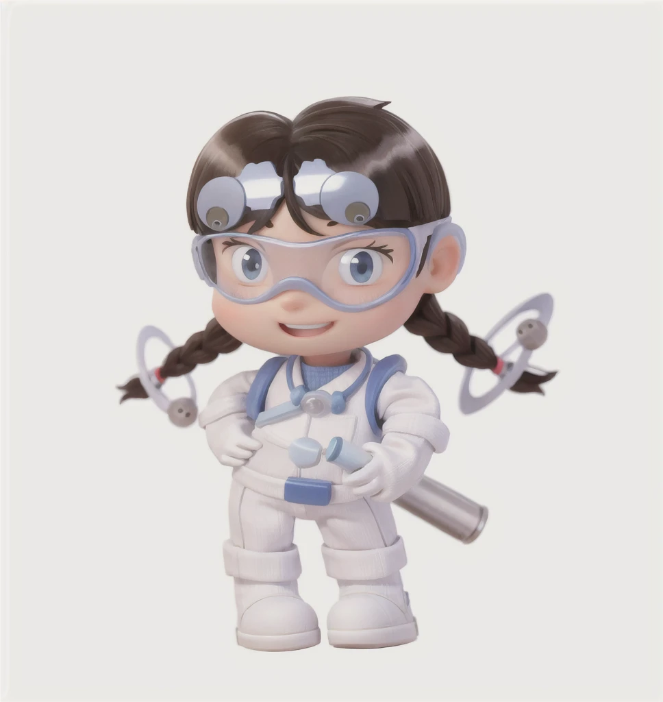 Cute little girl wearing white scientist suit with science tools in hand and safety goggles, eyes, simple, full body, character design, Pixar and Disney, as a high, 3d, background