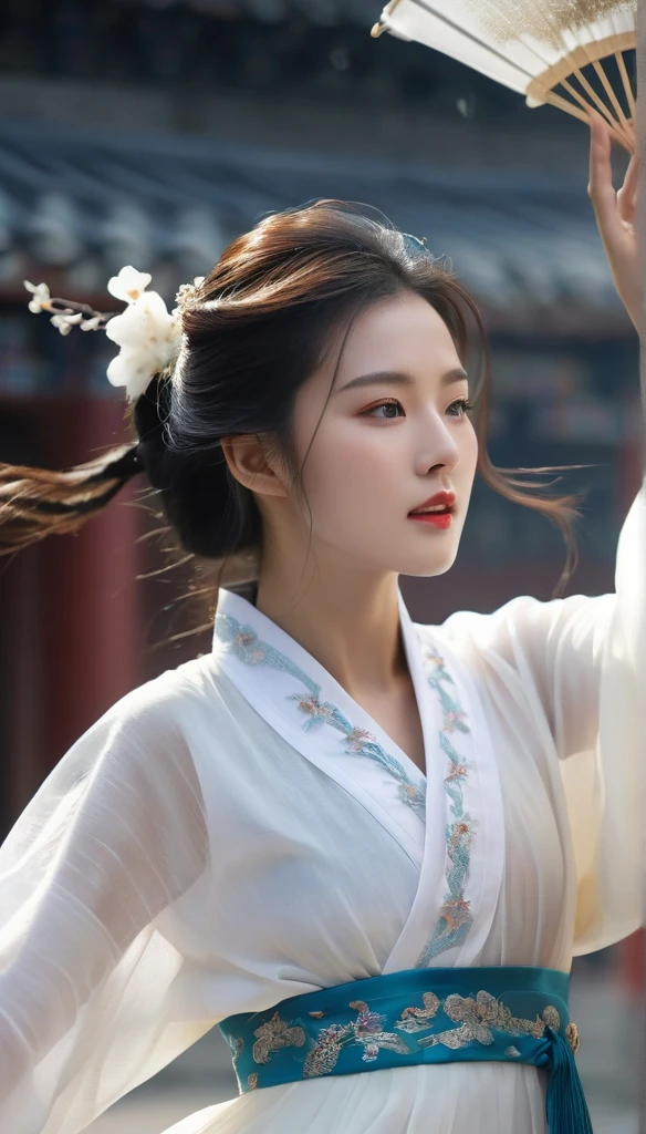 beautiful Korean woman, (((Mikamaria))), (motion blur:1.3), abnormally stunning beautiful face, black and white close-up,woman in intricate pure white hanbok dress, Flying in the air like a Chinese movie ,spinning frantically, translucent tingling air particles on dress hem, in ancient china, professional fashion photography,UHD, 4k, 8k