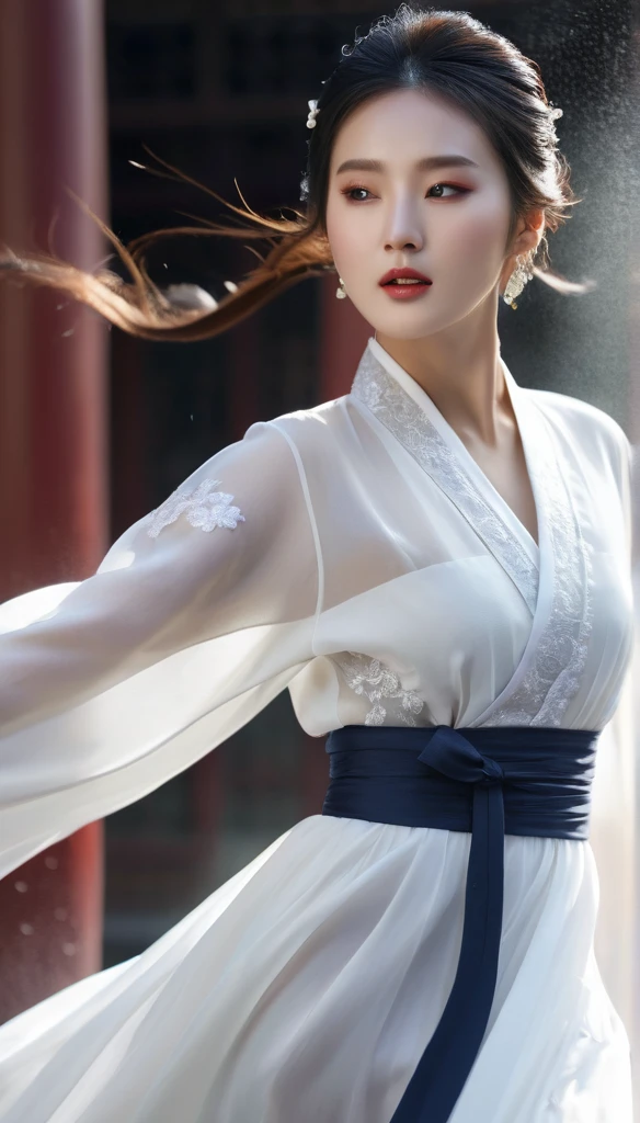 beautiful Korean woman, (((Mikamaria))), (motion blur:1.3), abnormally stunning beautiful face, black and white close-up,woman in intricate pure white hanbok dress, Flying in the air like a Chinese movie ,spinning frantically, translucent tingling air particles on dress hem, in ancient china, professional fashion photography,UHD, 4k, 8k