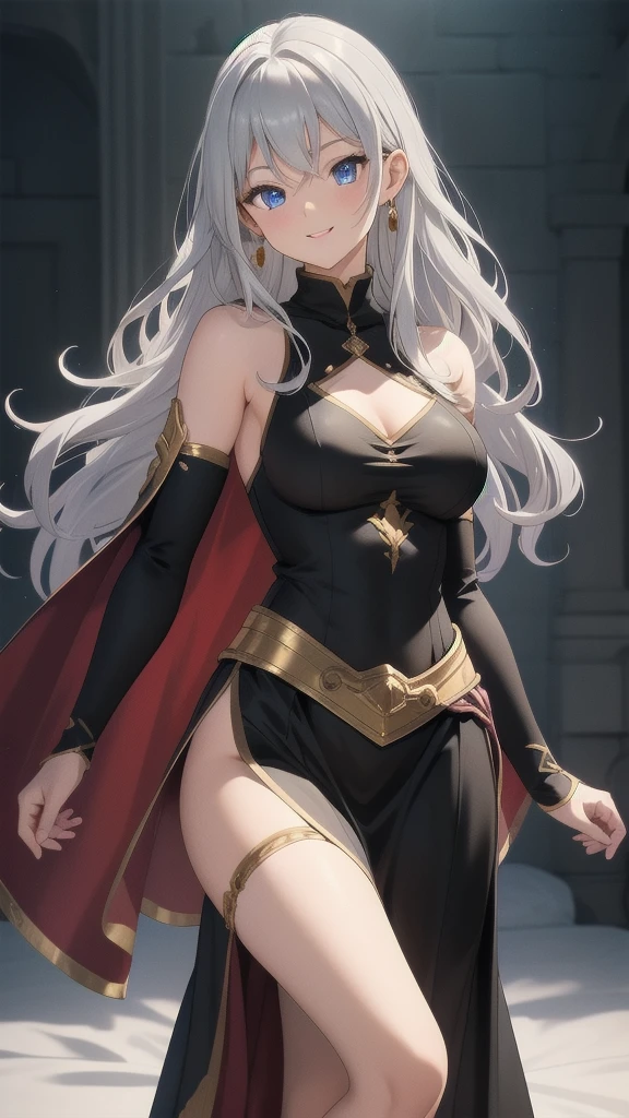 masterpiece, best quality, 1 solo girl, silver hair, blue eyes, long hair, medium breasts, sexy body and face, wavy hair, smile, parted lips, circlet, jewelry, bare shoulders, earrings, bridal gauntlets, sleeveless, black dress, bracelet, side slit, gold trim, red fur-trimmed cape, pelvic curtain, sleeveless dress, black footwear, turtleneck, long sleeves, castle, intdoors, sexy pose, cowboy shots, detailed body, face, and eyes, sharp focus, vibrant, creative, dynamic, high definition, high resolution, 8k, (Upscale: R-ESRGAN 4x+ Anime6mage enchance:4x), voluptuous body, cinema lightning, dakimakura style, looking at the viewer,