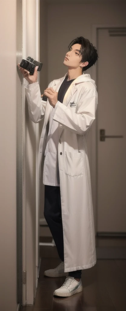 (photorealistic:1.2), (high detail face:1.3), (high detail hands:1.3), (anatomically correct hands:1.2), handsome young asian man, Japanese idol style, short clean-cut hair, ((center part)), white lab coat, black hoodie underneath, calm confident expression, hands in lab coat pockets, plain white background, portrait, high quality, detailed, 8K, (realistic skin texture:1.2), (sharp focus:1.1)