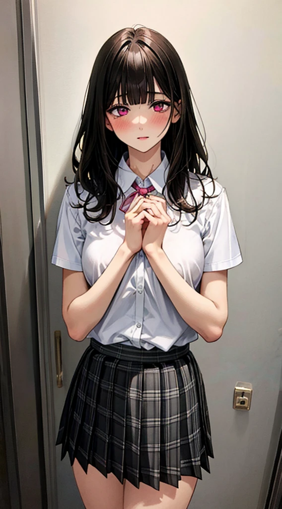 (masterpiece, best quality),
1girl, standing, undressing, hands on chest, cowboy shot,,
BREAK girl, 18yo, (medium breasts:1.1), black hair, (medium hair:1.2), (curly hair:0.9), blunt bangs,
pink eyes, ultra detailed eyes,(tareme:1.1),
half-closed eyes, blush
BREAK (school uniform), (white collared shirt, plain pattern shirt, short sleeves, white sleeves, shirt tucked in:1.2), (red plain pattern neck ribbon, narrow neck ribbon:1.1), (open clothes:1.2),pink bra
BREAK (black and grey plaid pattern skirt:1), (pleated skirt, miniskirt:1.2),
BREAK office,