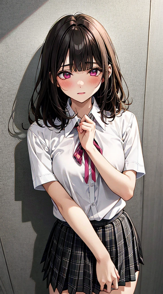 (masterpiece, best quality),
1girl, standing, undressing, hands on chest, cowboy shot,,

BREAK girl, 18yo, (medium breasts:1.1), black hair, (medium hair:1.2), (curly hair:0.9), blunt bangs,
pink eyes, ultra detailed eyes,(tareme:1.1),
half-closed eyes, blush


BREAK (school uniform), (white collared shirt, plain pattern shirt, short sleeves, white sleeves, shirt tucked in:1.2), (red plain pattern neck ribbon, narrow neck ribbon:1.1), (open clothes:1.2),pink bra
BREAK (black and grey plaid pattern skirt:1), (pleated skirt, miniskirt:1.2),

BREAK office,