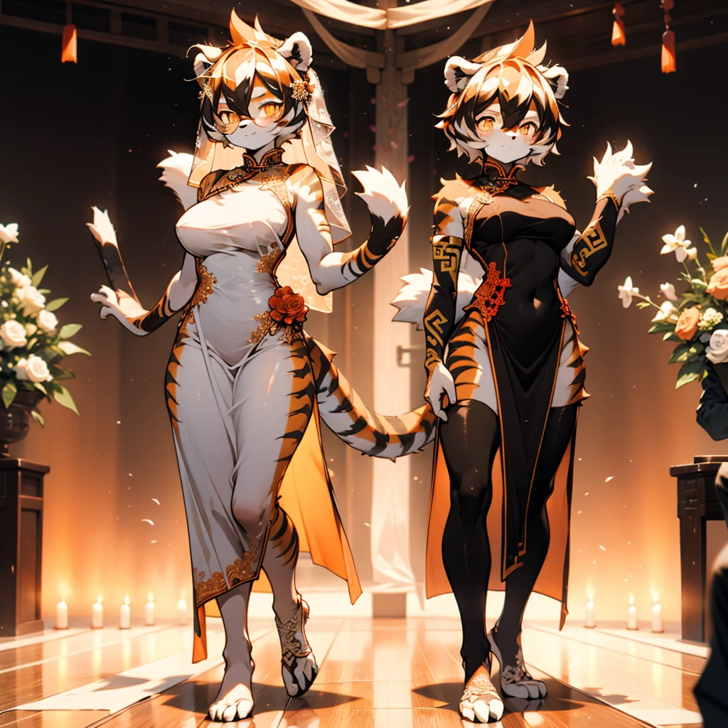 white background, full body, ((1girl,furry)), Standing Yoga mat, animal ears, arknights, white hair, black hair, round eyewear, glasses, OPPEIN, short hair, large breasts, muscle, tail, orange eyes, orange hair, multicolored hair, tiger girl, furry female, hair between eyes, tiger_ears, tiger_tail, orange-tinted_eyewear, tinted_eyewear, Sophorae, big breasts, evil smile, Shadows under feet, Abdominal muscles, (((chinese wedding dress:1.5)))