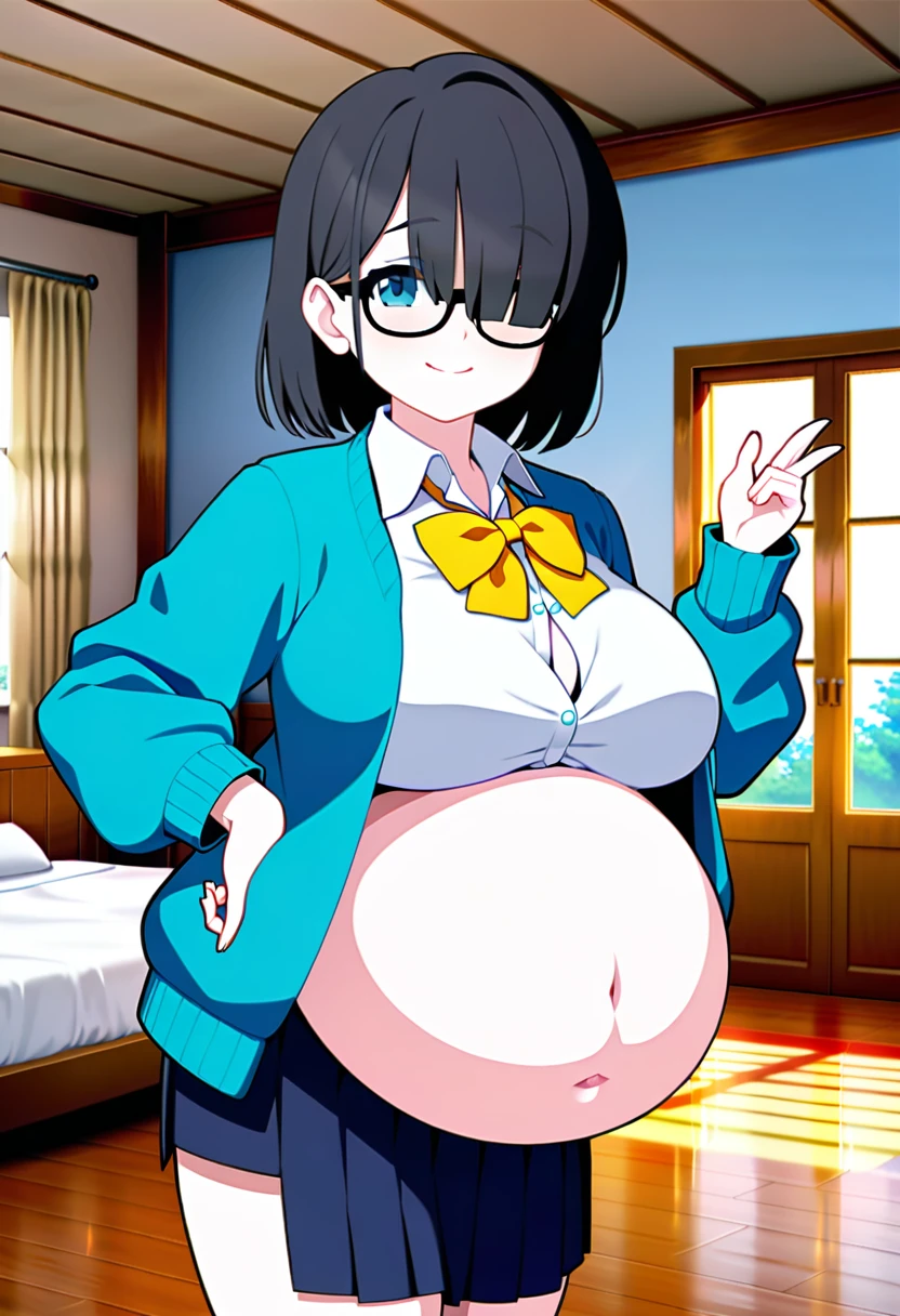 1girl, , turquoise vest, collared shirt, yellow bowtie, open jacket, blue skirt, black-framed eyewear, pleated skirt, black hair, turquoise bangs, very short hair, hair over eyes, pale skin, medium breasts, turquoise eye, smile, country house, room, bed, very big belly, obesity, (masterpiece), best quality, anime style, full body