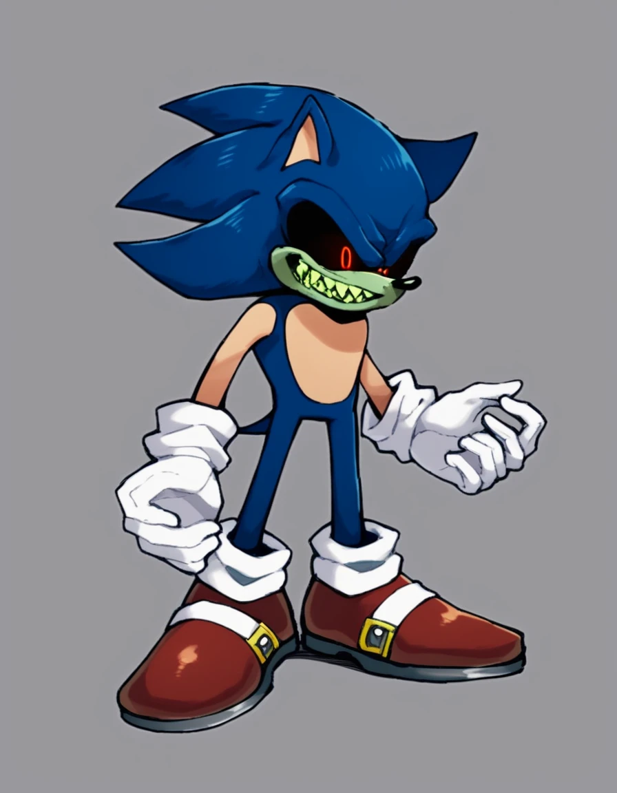 bratwurst_exe, solo, smile, simple background, red eyes, gloves, 1boy, animal ears, blue hair, standing, tail, full body, male focus, shoes, teeth, socks, shiny, white gloves, grey background, grin, happy, sharp teeth, red footwear, furry, furry male, animal nose, evil grin, sideways mouth, blue fur, sonic the hedgehog, green teeth, scary eyes