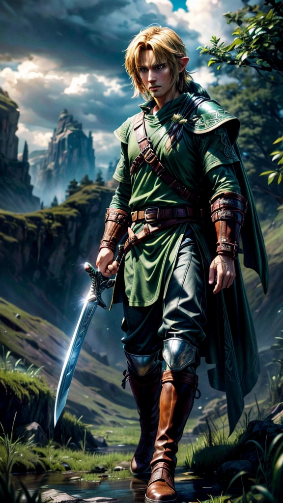 detailed digital art of link from the legend of zelda, highly detailed face and body, beautiful landscape environment, fantasy art style, cinematic lighting, vibrant colors, 8k, photorealistic, (best quality,4k,8k,highres,masterpiece:1.2),ultra-detailed,(realistic,photorealistic,photo-realistic:1.37),cinematic lighting,epic fantasy scene,lush forest environment,dramatic clouds,detailed facial features,heroic expression,legendary sword,green tunic,leather boots,adventure gear,detailed textures,volumetric lighting,depth of field