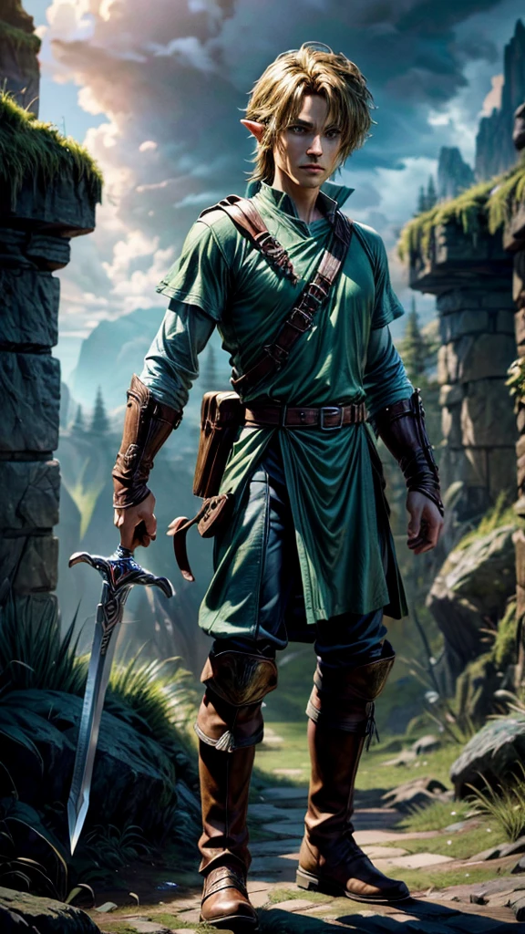 detailed digital art of link from the legend of zelda, highly detailed face and body, beautiful landscape environment, fantasy art style, cinematic lighting, vibrant colors, 8k, photorealistic, (best quality,4k,8k,highres,masterpiece:1.2),ultra-detailed,(realistic,photorealistic,photo-realistic:1.37),cinematic lighting,epic fantasy scene,lush forest environment,dramatic clouds,detailed facial features,heroic expression,legendary sword,green tunic,leather boots,adventure gear,detailed textures,volumetric lighting,depth of field