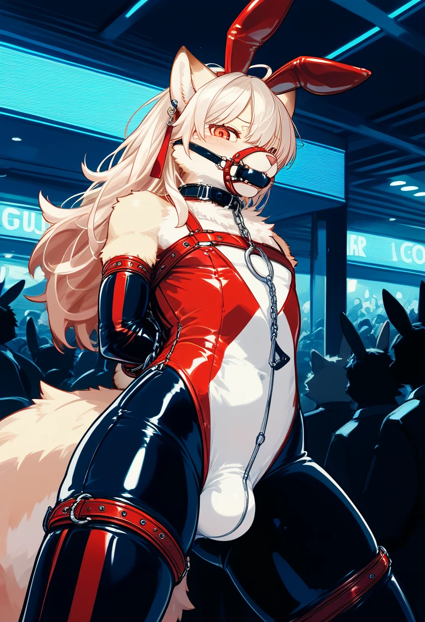Highest quality, Highest quality, High quality illustrations, masterpiece, Ultra-high resolution, Detailed Background, club, Auction Venue, Absurd, Perfect Anatomy, Performance, Good lighting, Shadows in the movie(kemono, Furry Personification), Rubber Suit, latex, {Bunny Suit}, ribbon, Earrings, male, slave, Handcuffs, Shackles, Red harness, gag, Being restrained, 後ろ手にBeing restrained, Bondage, null bulge, On display, audience