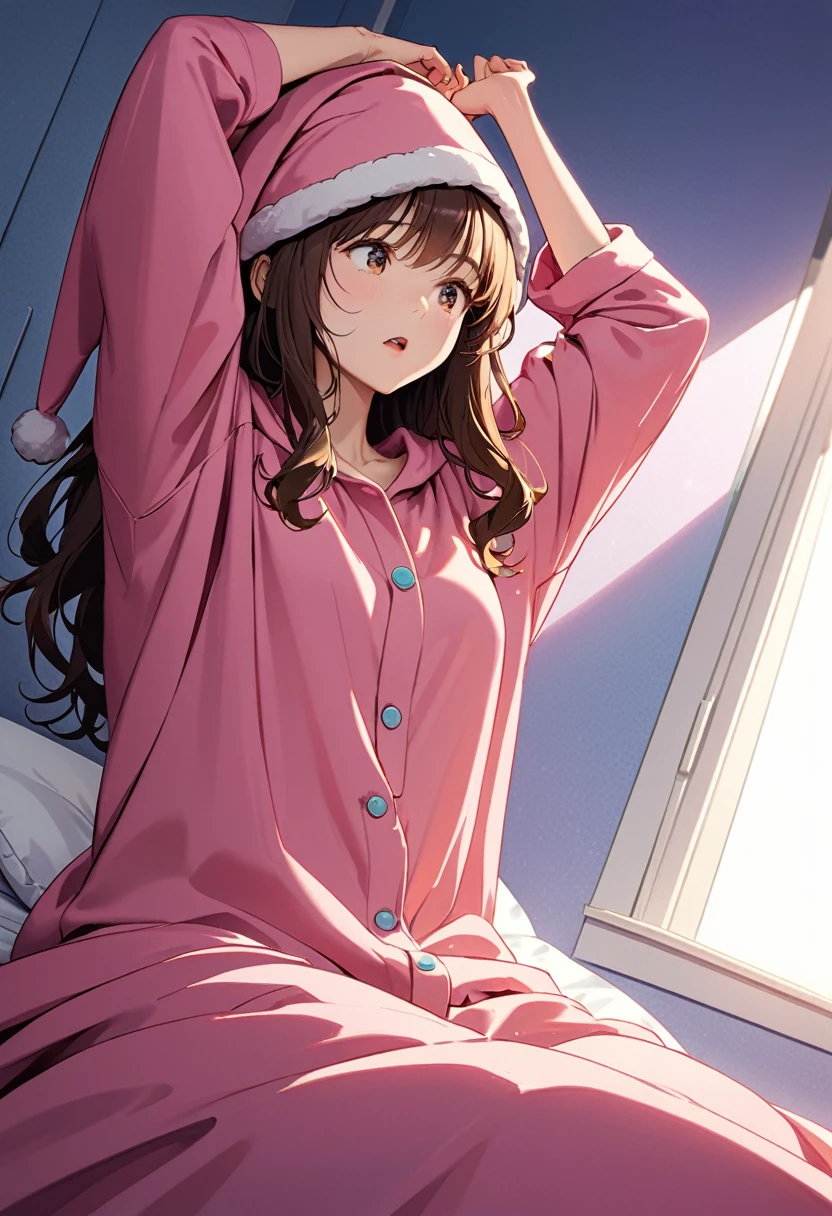 detailed illustration, (front view), (side view),dynamic angle, ultra-detailed, illustration, clean line art, shading, anime, detailed eyes, detailed face, beautiful face, dramatic lighting, detailed illustration, dynamic angle, ultra-detailed, illustration, (single woman: 1.8), masterpiece, masterwork, beautiful, (1 woman:1.8),

Woman, waking up, in a oversized pajama, long nightcap hat, stretching arms, yawning,