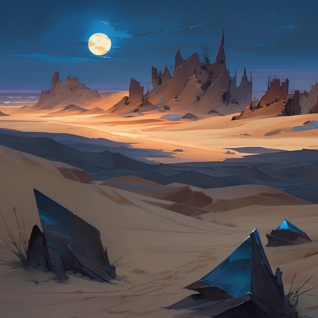 Old West, Desert, horizon, blue Night , from far, Oil paint,(only blue and black color palette), Giant glass shards in sand, spiky glass structures, sand dunes, dune, darkness, Scary, moon, Too dark, dimly lit, pitch, human corpse, dark night, no light, Dark sky, black sky, dark night, deep darkness 