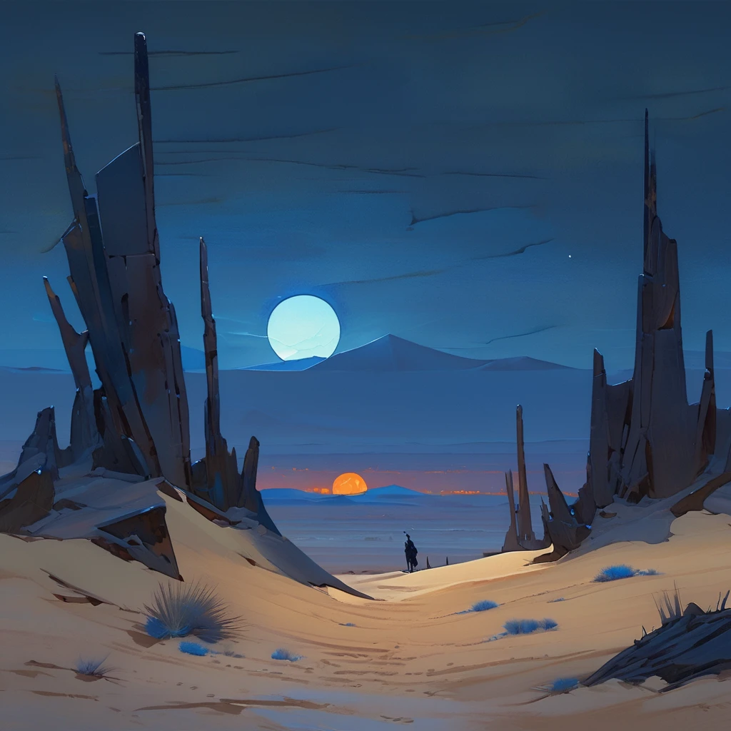 Old West, Desert, horizon, blue Night , from far, Oil paint,(only blue and black color palette), Giant glass shards in sand, spiky glass structures, sand dunes, dune, darkness, Scary, moon, Too dark, dimly lit, pitch, human corpse, dark night, no light, Dark sky, black sky, dark night, deep darkness