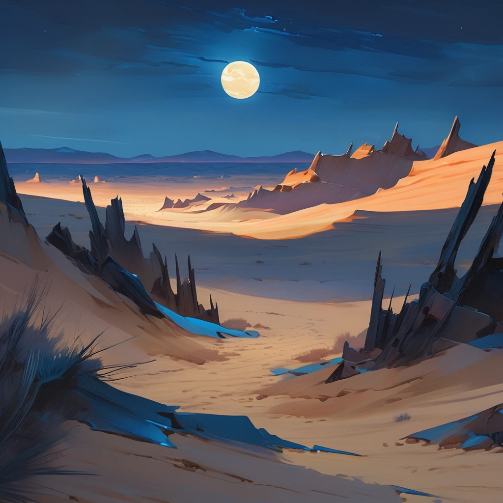 Old West, Desert, horizon, blue Night , from far, Oil paint,(only blue and black color palette), Giant glass shards in sand, spiky glass structures, sand dunes, dune, darkness, Scary, moon, Too dark, dimly lit, pitch, human corpse, dark night, no light, Dark sky, black sky, dark night, deep darkness 