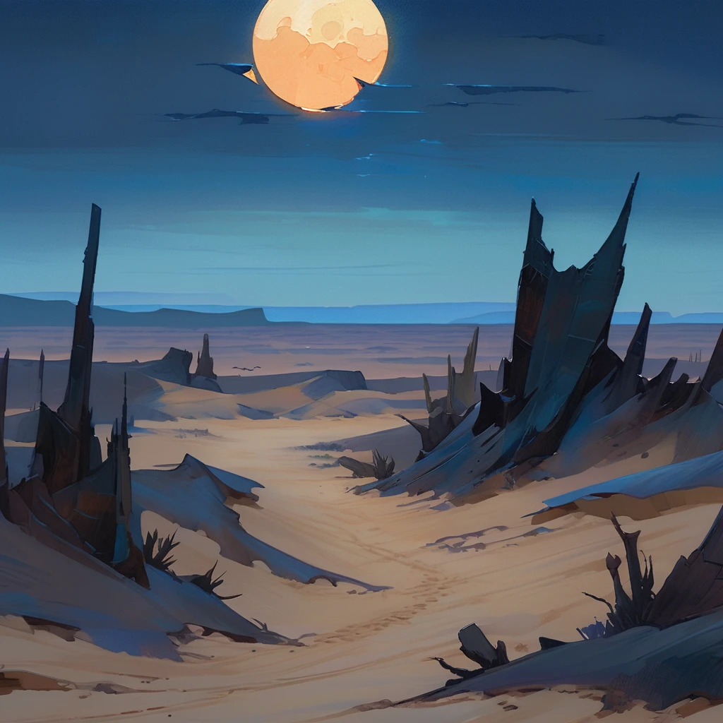 Old West, Desert, horizon, blue Night , from far, Oil paint,(only blue and black color palette), Giant glass shards in sand, spiky glass structures, sand dunes, dune, darkness, Scary, moon, Too dark, dimly lit, pitch, human corpse, dark night, no light, Dark sky, black sky, dark night, deep darkness 