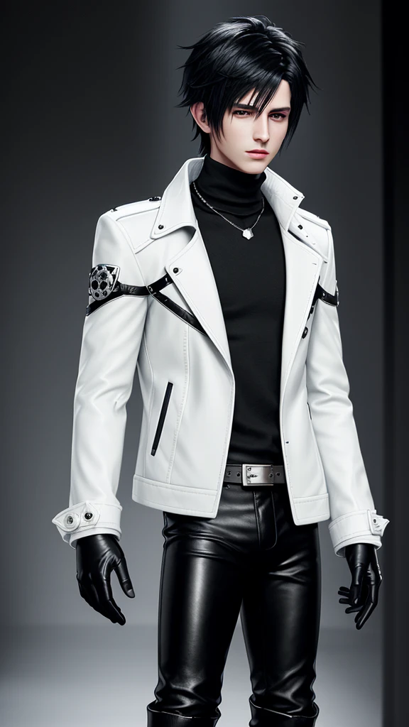 Final fantasy taste and reality graphics, Japanese young cute and cool ikemen boy, his age is early 20s, thin eyebrows and beady eyes, he wearing off white color leather thick material jacket, jacket is singlebrest, biker style jacket, with epaulet, jacket is long sleeve, must close the front of the leather jacket, , jacket is voluminous, ,must jacket is high length and stand-up collar with two belts, must front zip up of leather jacket, jacket is a little black color line pattern,close the front of the jacket, also wearing black thick material turtleneck lackluster shirts, tight black leather pants, shiny black leather tight and thin glove, black leather knee-high raceup boots,must views head-to-toe,must views whole body, boy looks like fashion model,Do not show skin from the neck down,leather jacket leather glove and leather pants have few wrinkles,boy in the room,Avoid showing your innerwear