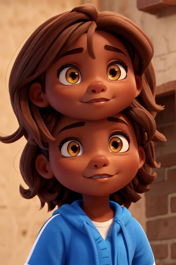 brown eyes with brown hair and blue highlights in the front, com roupa preta