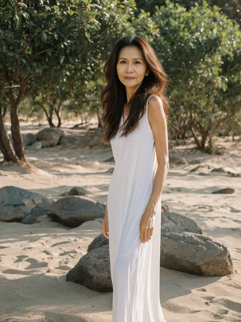 RAW PHOTO, her name is Dolores, high quality, 1 old woman, ((58-year-old slim filipina woman)), (((58 years old))), ((slim body)), ((wrinkled body)), (((old body))), (((long hair))), she is wearing a stylish modest Generation X flowy casual wear, POSE: dynamic pose, BREAK, BACKGROUND: outdoor, by the beach, film grain, instagram photo