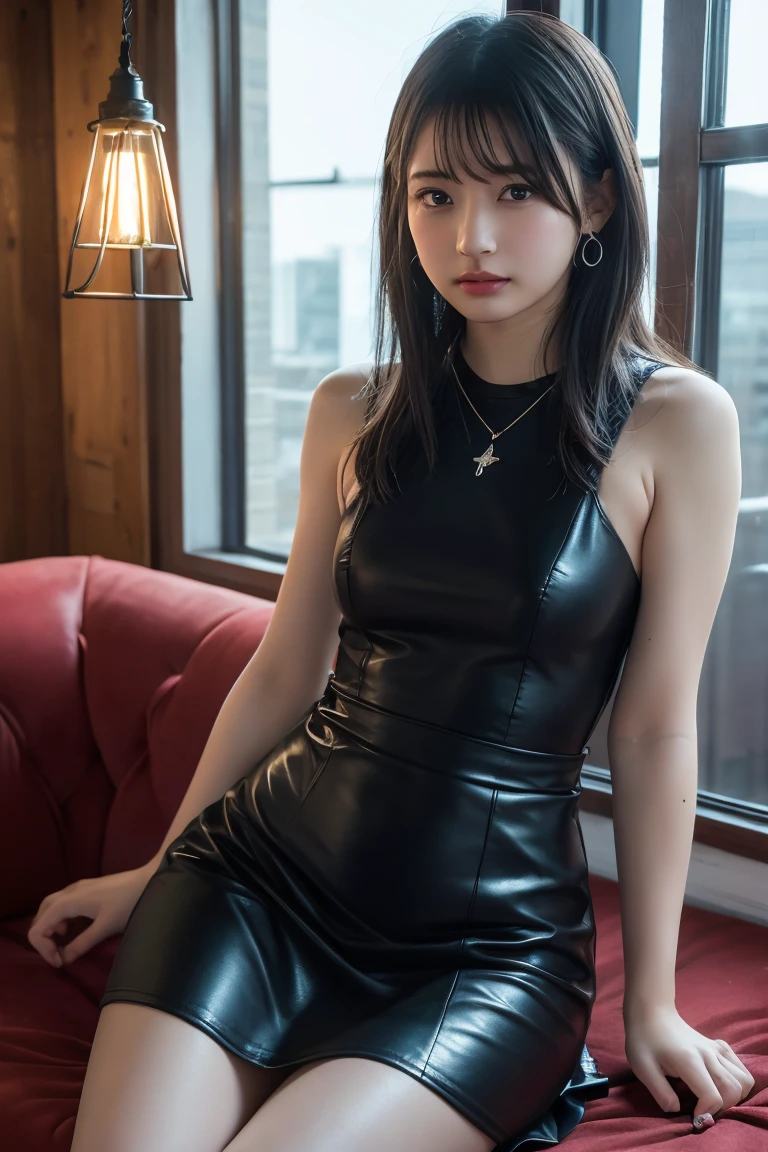 (Highest quality:1.4)，(masterpiece:1.4)，(Realistic:1.4)，(Realistic:1.2)，(超High resolution， RAW Photos:1.4)，(High resolution， Ultra-detailed:1.2)，(8K:1.2)，View your viewers，Cinematic photography，One girl，skeletally correct，Black-haired woman，(Small earrings，necklace，A leather dress that fits perfectly to the body，Long skirt，Beautiful body lines)，（Western-style building interior，Dimly lit room，The lamplight shines on my cheeks，Sit on the sofa）
