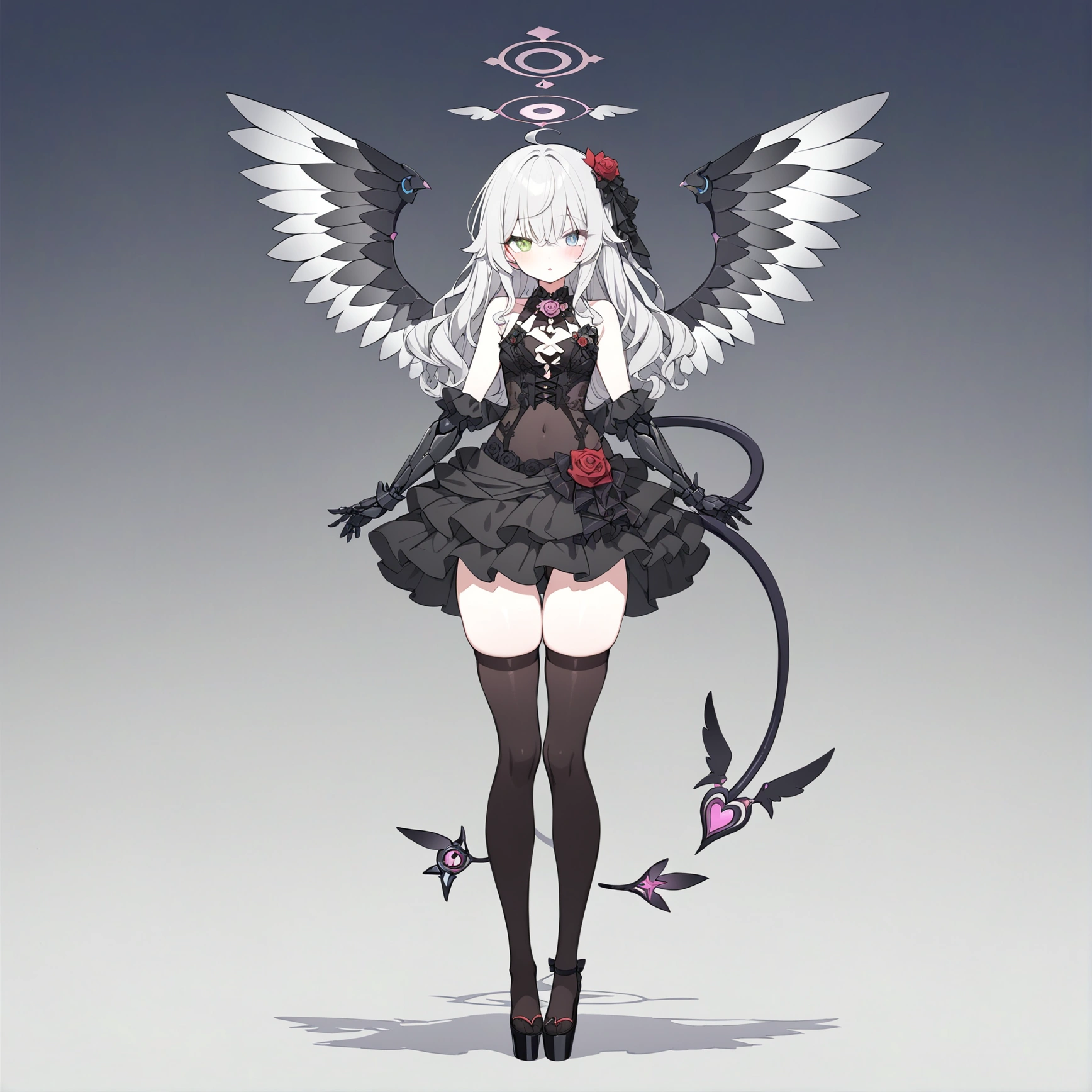 woman 160 cm tall, slim build. (character design sheet: front view). Long Wavy Gray Hair with Knee Length Curls. (heterochromia: one light green eye and one amber eye). she has little ribbons in her hair, rose-shaped brooch on the right side of the hair. extremely detailed face, small face, Beautiful detailed eyes, beautiful detailed lips. adorable, extremely detailed legs, (Best Quality, 4k, 8k, high resolution), ultra detailed, Exquisite and epic character art.... Black high stockings with gold star print.... Black platform heels, Intricate One Piece Low Waist Ruffle Lace Dress.. It has complex mechanical arms that reach up to the forearm., black with small red thorn patterns.... dark gray belt at the waist with a small blue crescent, black necklace on the neck with rose-shaped decoration. He has small angel wings on his back that are dark blue and black..... It has a detailed succubus tail that ends in a heart shape. Wide hips. Wears a luminous gray and black halo with rose patterns.... (small chest size). beautiful detailed wings. beautiful detailed hair, beautiful detailed dress. extremely detailed arms.