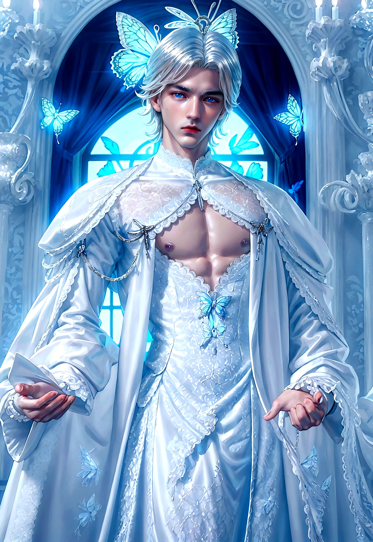(masculine) (man) (man de cabello azul marino muy largo) (blue eyes) (monoculo) (silver monocle) (elegant white clothes with lace) (silver lace) (porcelain, piel de porcelain) (marked doll joints) (butterflies alrededor) (butterflies) (detalles silver) (silver) (doll pose)