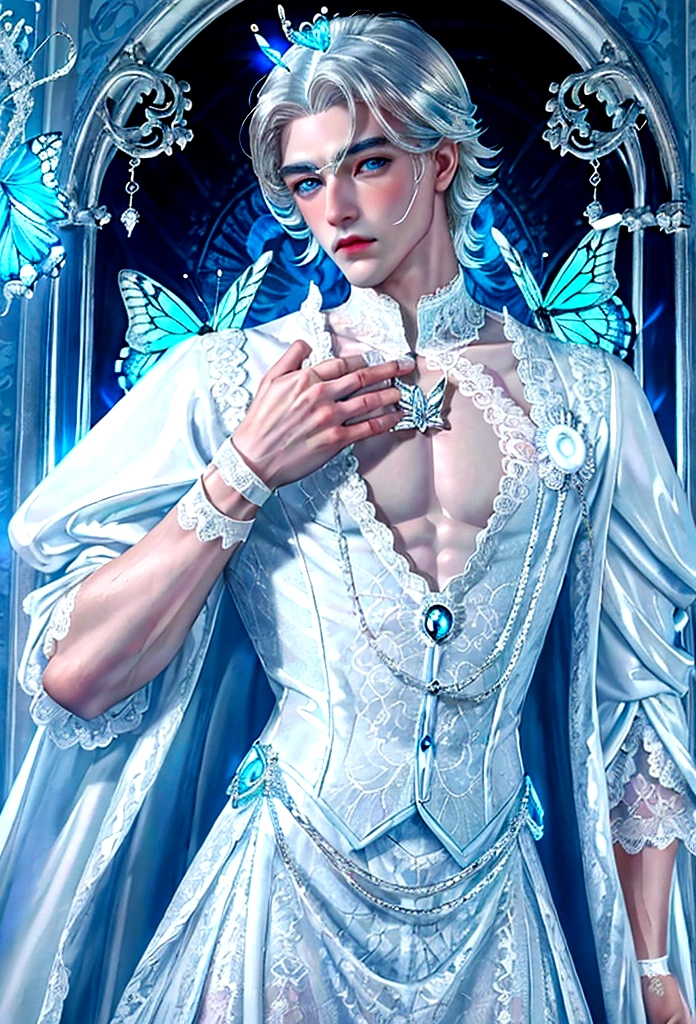 (masculine) (man) (man de cabello azul marino muy largo) (blue eyes) (monoculo) (silver monocle) (elegant white clothes with lace) (silver lace) (porcelain, piel de porcelain) (marked doll joints) (butterflies alrededor) (butterflies) (detalles silver) (silver) (doll pose)