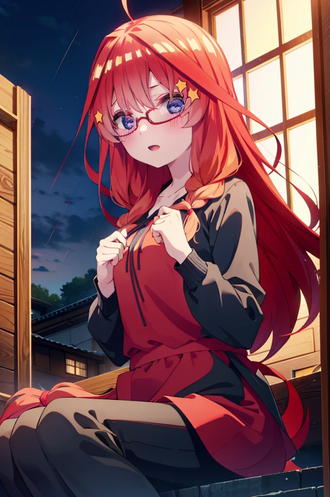 itsukinakano, itsuki nakano, bangs, blue eyes, Hair between the eyes, Ahoge, Redhead, star \(symbol\), hair ornaments, star hair ornaments,smile,blush,Open your mouth,Long braids,Red-rimmed glasses,Oversized red hoodie and long skirt,Black hose,short boots,Hiding in a roofed building,Sitting on the steps of a roofed building,rain,night,whole bodyがイラストに入るように,
break indoors, Alley,
break looking at viewer, whole body,
break (masterpiece:1.2), Highest quality, High resolution, unity 8k wallpaper, (figure:0.8), (Beautiful attention to detail:1.6), Highly detailed face, Perfect lighting, Highly detailed CG, (Perfect hands, Perfect Anatomy),