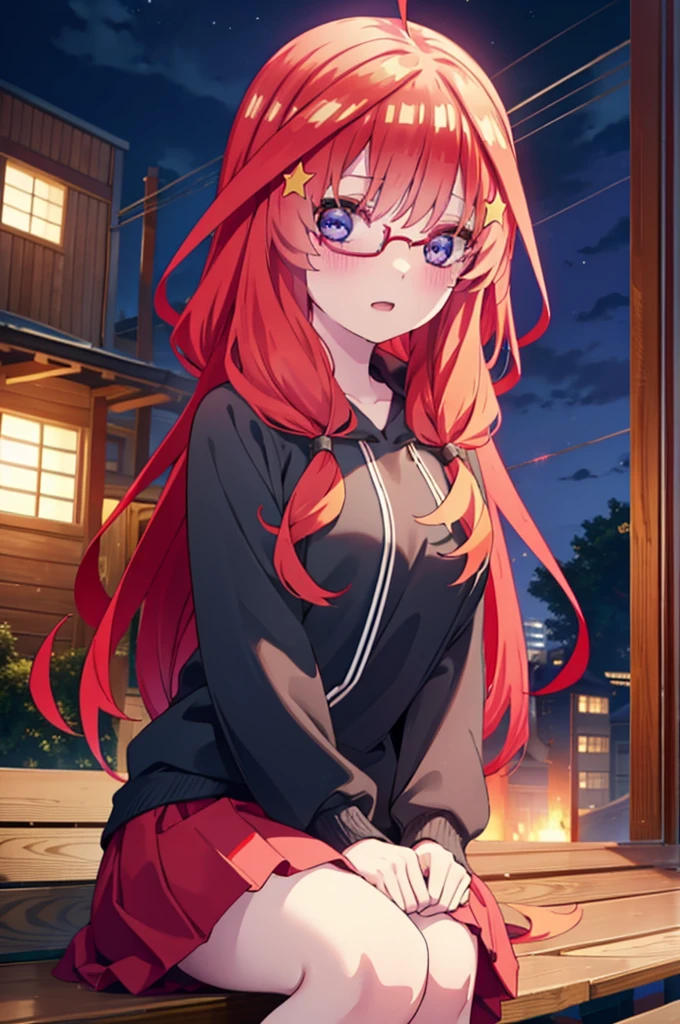 itsukinakano, itsuki nakano, bangs, blue eyes, Hair between the eyes, Ahoge, Redhead, star \(symbol\), hair ornaments, star hair ornaments,smile,blush,Open your mouth,Long braids,Red-rimmed glasses,Oversized red hoodie and long skirt,Black pantyhose,short boots,Hiding in a roofed building,Sitting on the steps of a roofed building,rain,night,whole bodyがイラストに入るように,
break indoors, Alley,
break looking at viewer, whole body,
break (masterpiece:1.2), Highest quality, High resolution, unity 8k wallpaper, (figure:0.8), (Beautiful attention to detail:1.6), Highly detailed face, Perfect lighting, Highly detailed CG, (Perfect hands, Perfect Anatomy),