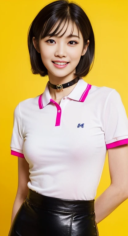 (A Gorgeous American-Chinese Lady, age 28, Tight Thin White Polo-Shirt & Pink Pencil Skirt, BlackPink Choker, random pose, dimpled smile, short_bob_hair_side_bangs, cute snaggletooth, well-endowed round bosom, photorealistic, beautiful detailed eyes, hyper-realism, high contrast, ultra HD, realistic skin textures, top image quality, top-quality, super high resolution, fine details, very meticulously, head_to_knees, High_Angle_Shot, simple yellow background)