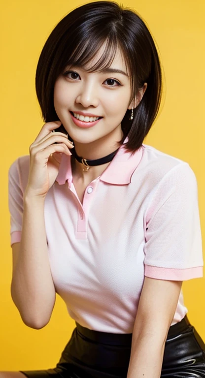 (A Gorgeous American-Chinese Lady, age 28, Tight Thin White Polo-Shirt & Pink Pencil Skirt, BlackPink Choker, random pose, dimpled smile, short_bob_hair_side_bangs, cute snaggletooth, well-endowed round bosom, photorealistic, beautiful detailed eyes, hyper-realism, high contrast, ultra HD, realistic skin textures, top image quality, top-quality, super high resolution, fine details, very meticulously, head_to_knees, High_Angle_Shot, simple yellow background)