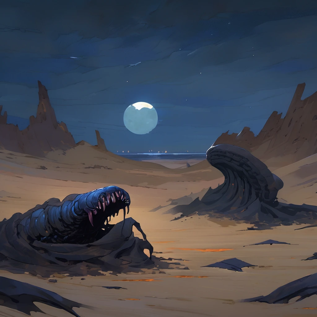 Old West, dark Desert, dark horizon, deep Night , from far, Oil paint,(only dark blue and black color palette), Giant glass shards in sand, spiky glass structures, massive giant worm crawling in the dunes, dark blue sand dunes, dark dune, worm, darkness, Scary, moon, Too dark, dimly lit, pitch, corpse, dark night, no light, Dark sky, black sky, dark night, deep darkness, colossal worm